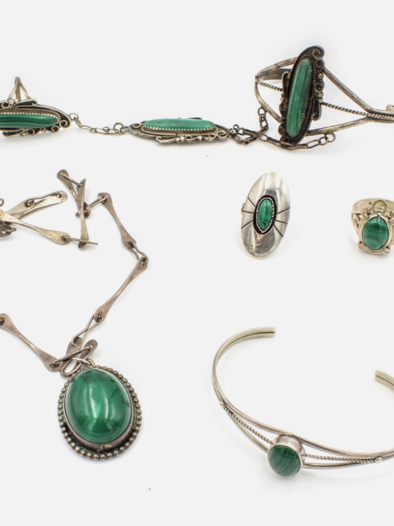 Southwest Sterling Green Turquoise Cuff Bracelet Ring Necklace Lot Of 5